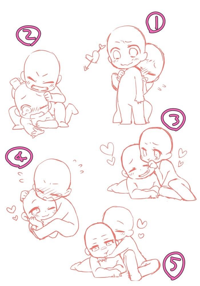 this is a collection of five chibi couple poses. each pose features a pair of characters in a loving embrace, perfect for drawing or sketching. the poses are simple and easy to follow, making them ideal for beginners or anyone looking for inspiration. the image also includes hearts and other romantic details, further enhancing the overall aesthetic.