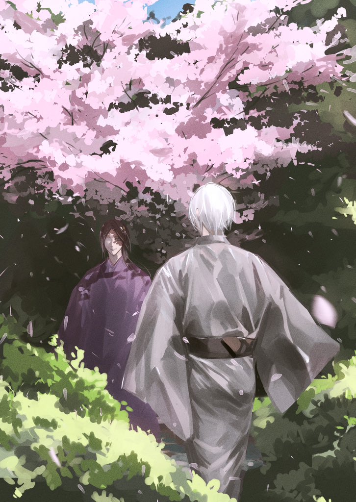 the image is a beautiful anime illustration of a couple walking under a cherry blossom tree. the woman is wearing a traditional kimono and the man is dressed in casual attire. the image is set in a lush forest, with a vibrant green foliage. the pink cherry blossoms create a stunning backdrop, making the scene more magical. the illustration is highly detailed and the colors are wellbalanced. the overall tone of the image is romantic and heartwarming.