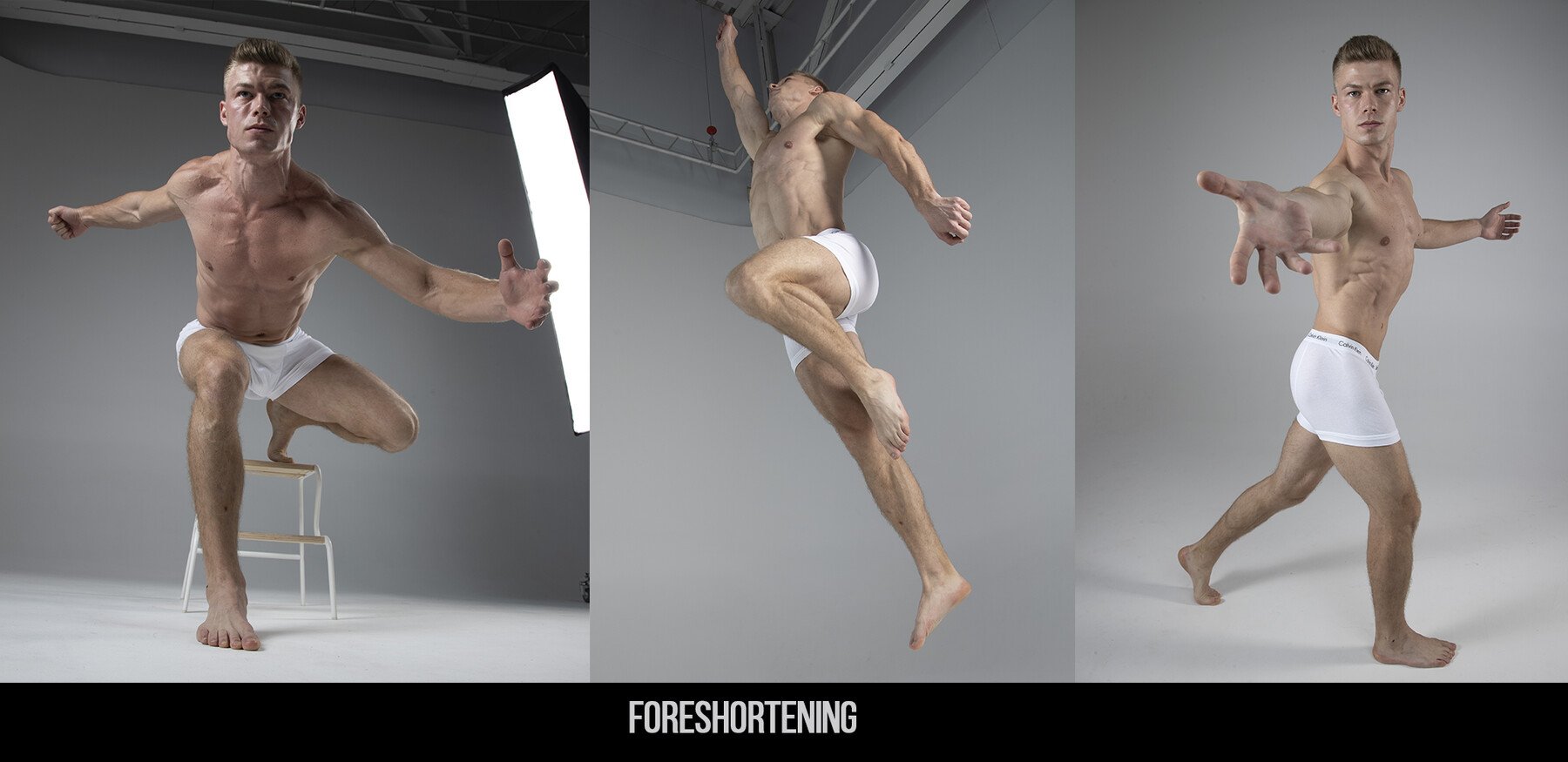 this image shows a man in white underwear standing on a chair with his right foot on the seat. his left leg is bent and his foot is planted on the floor. his left arm is outstretched in front of him and his right arm is stretched out behind him. the man is muscular and appears to be an athlete or model. the image has a grey background. the image also shows the man jumping in the air with his right leg extended. the last image shows the man walking with his right arm outstretched in front of him and his left arm behind him.