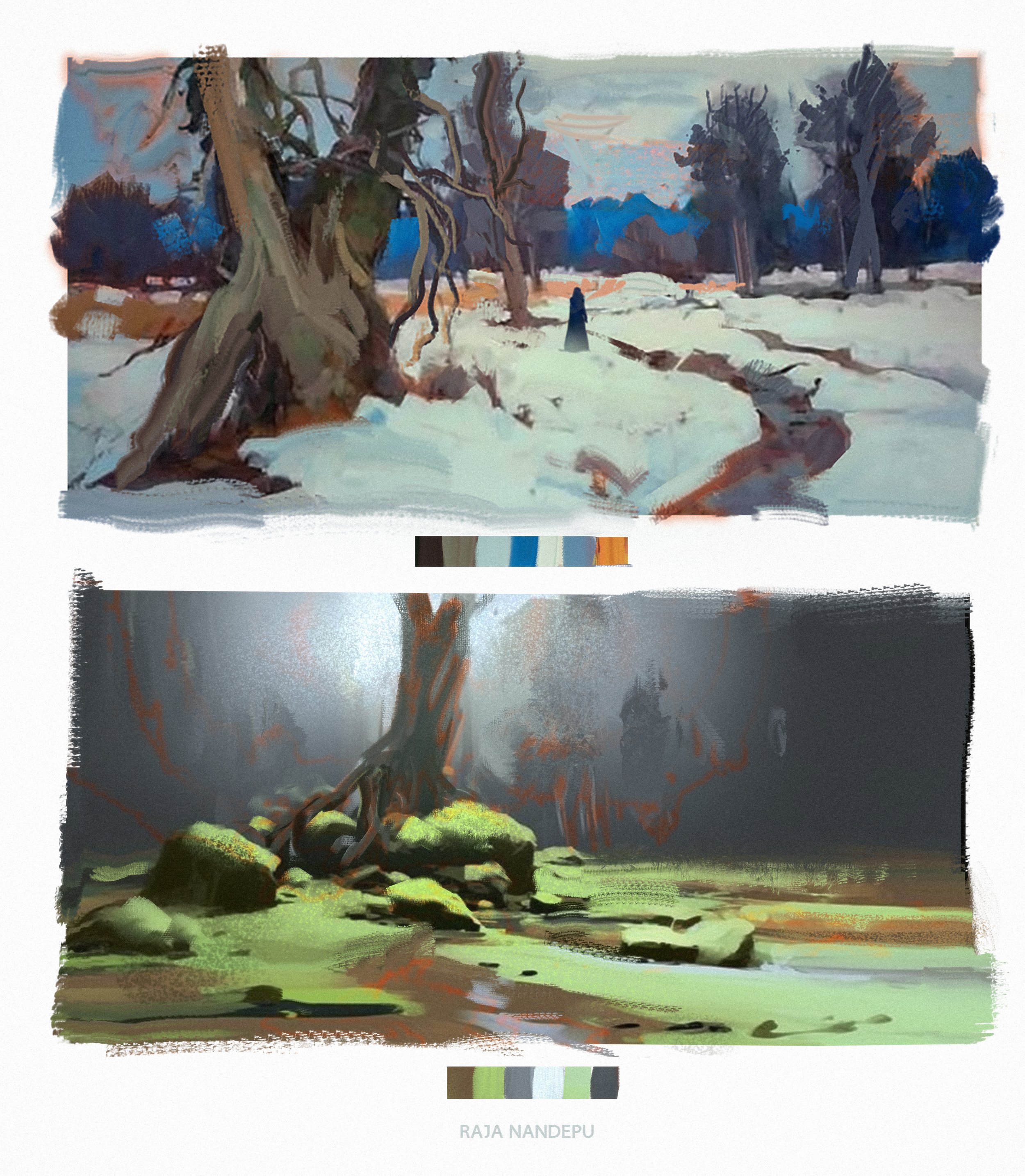 the image shows two landscape paintings, one above the other. the top painting depicts a winter scene with snowcovered ground, bare trees, and a solitary figure in the distance. a color palette is presented below it. the bottom painting portrays a swampy scene with trees, rocks covered in moss, and still water. a different color palette is displayed below this image. the artist's name, "raja nandepu," is printed at the bottom center.