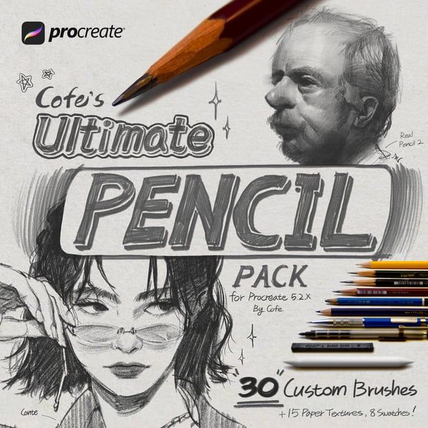 the image showcases a digital art product designed for procreate, a popular digital art app. it features a stylized graphic design with the words "cofei's ultimate pencil pack" in large, bold letters, indicating a collection of digital pencil brushes. the image highlights the product's key features, including 30 custom brushes, 15 paper textures, and 8 swatches. the background shows various examples of how the brushes can be used for drawing, showcasing the versatility of the product. the inclusion of a "real pencil 2" element suggests the brushes aim to emulate the look and feel of traditional pencil drawing. the image is designed to entice users looking to enhance their digital sketching and drawing capabilities within procreate.