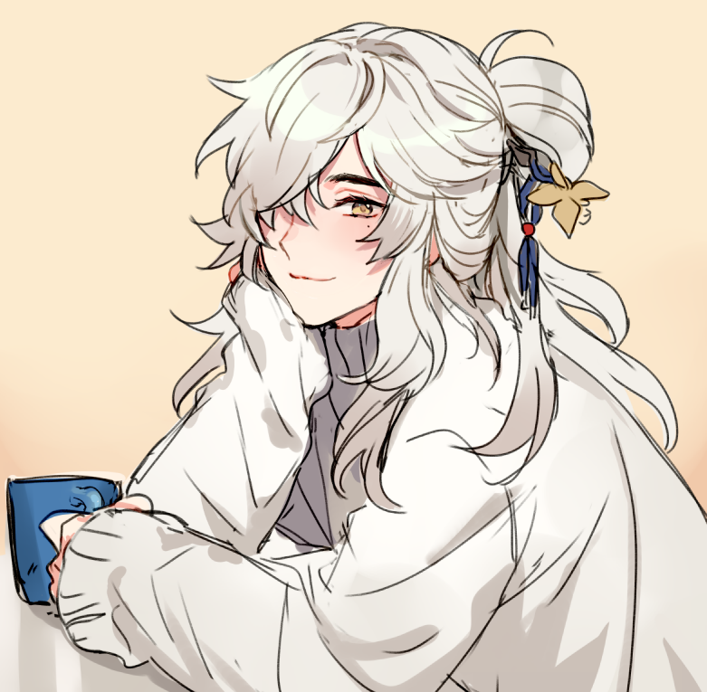 a digital drawing of an anime girl with white hair, wearing white clothing, smiling while holding a blue mug. she has blue eyes and a cute expression on her face. the background is a pale yellow.