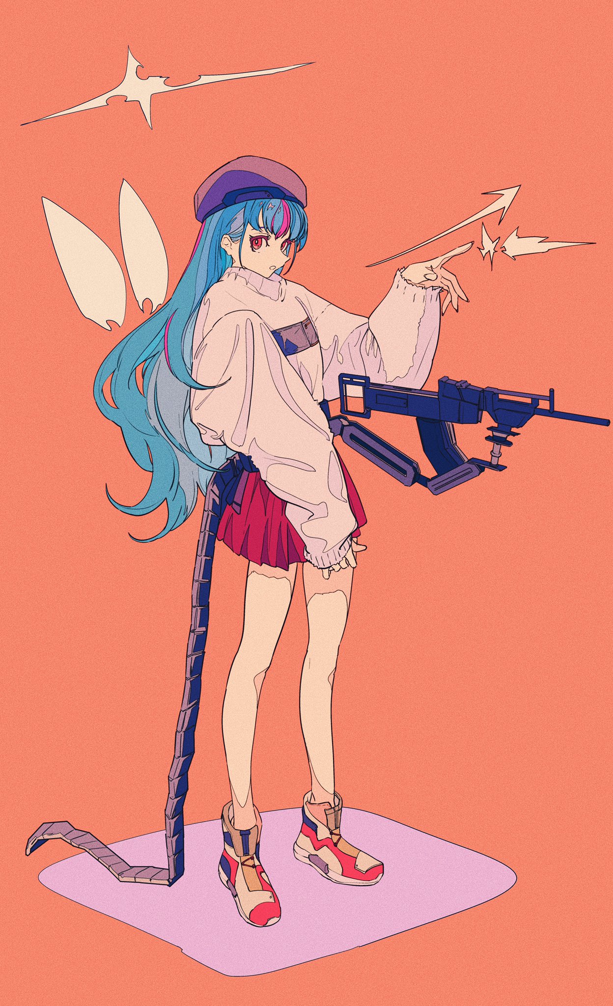he image is a digital illustration of an animestyle girl.  she has long, flowing blue hair, a beret, and is dressed in a stylish outfit that includes a white oversized sweater, a short red pleated skirt, and hightop sneakers.  she is holding a futuristiclooking machine gun, and a long, segmented taillike appendage extends from her back. the overall style is colorful and slightly surreal, with pastel hues and a dynamic pose. the background is a simple, solid orange.  the scene is suggestive of a scifi or fantasy setting.