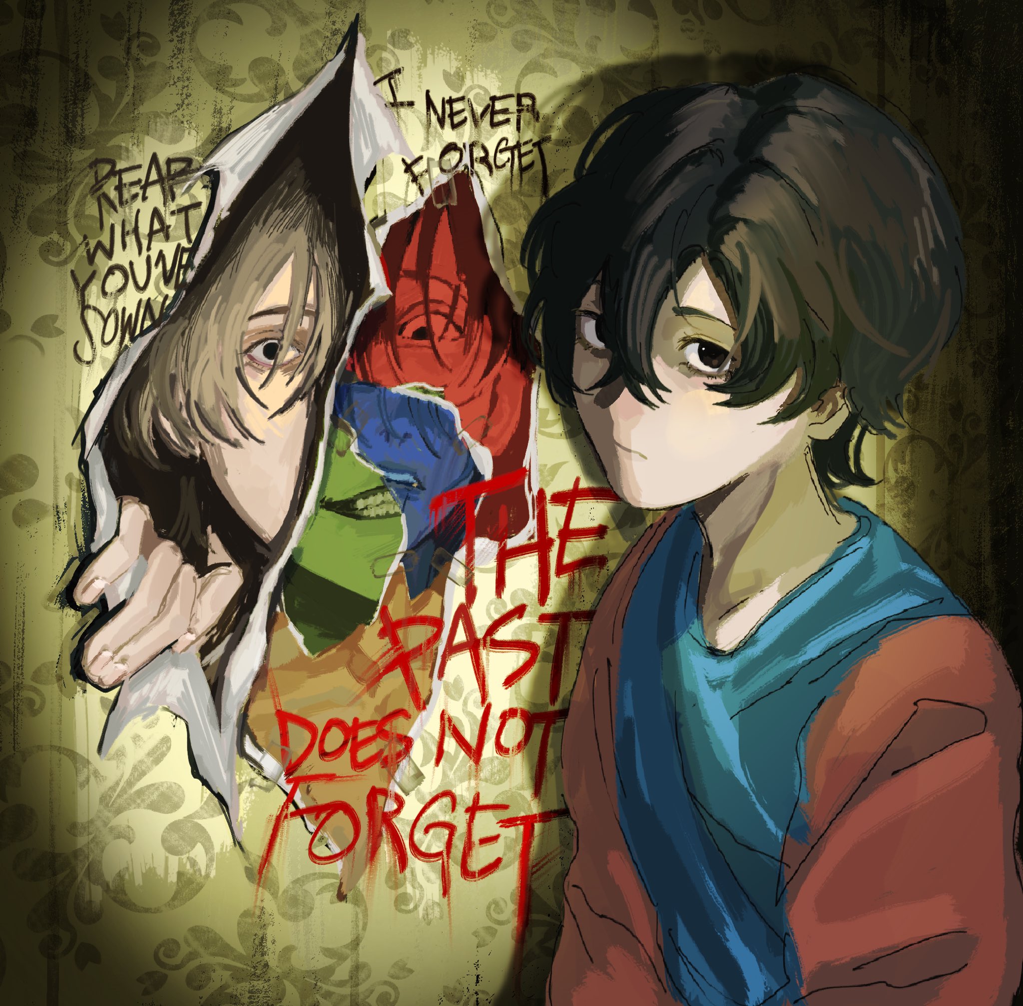 the image is a digital painting of two anime characters, a boy and a girl, standing in front of a wall covered in graffiti. the boy is on the left, and he is peering out from behind a ripped piece of paper. he has black hair and green eyes. the girl is on the right, and she has brown hair and brown eyes. she is looking at the viewer, with a worried expression. the graffiti on the wall says "the past does not forget" in red letters, and there are other words and symbols surrounding it. the image has a dark and ominous feel, and it suggests that the characters are dealing with a difficult past. the artwork is a beautiful example of digital painting, and it conveys a powerful emotional message.