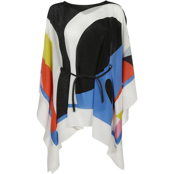 a colorful abstract print tunic with an asymmetrical hem and a rope belt. the tunic features large shapes in black, white, blue, red, yellow, and gray, with a darker textured fabric on one side. it has a round neckline and drapes loosely. a black rope belt is tied around the waist.