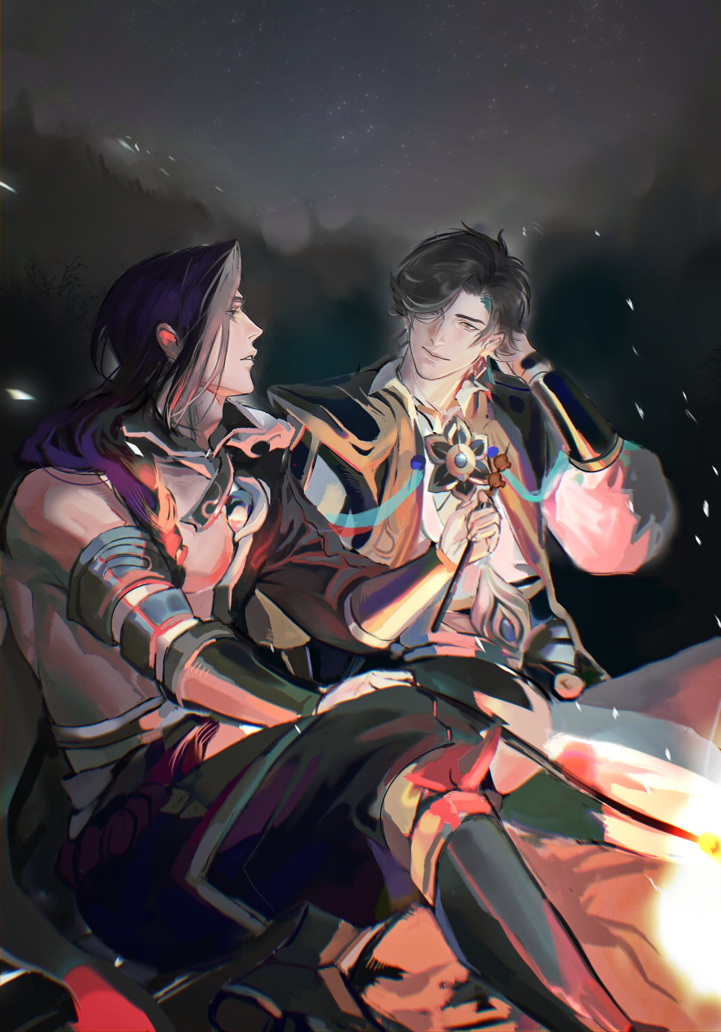 two male anime characters are sitting beside each other. the one on the left is wearing armor and dark clothing. the one on the right is wearing a more elaborate and colorful outfit. they are both looking at each other with a soft expression and holding a glowing object between them. there are stars in the background. the characters are looking at each other with a soft expression.