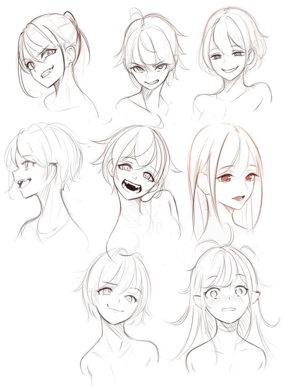 the image consists of nine pencil sketches of animestyle female faces, each depicting a different type of smile or happy expression. the drawings focus on the characters' heads and necks, showcasing various hairstyles and facial features.  the linework is fluid and expressive, capturing the subtle nuances of each emotion.