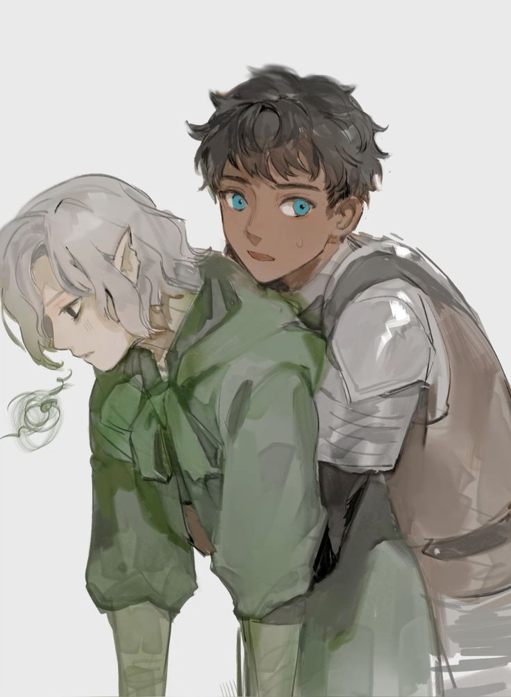 the image is a digital painting or illustration in an anime/manga style. it depicts two young men in a close embrace. one, appearing elflike with long, light gray hair and pointed ears, is leaning heavily on the other. the second, who has shorter, dark brown hair, is supporting the first, with his arm around his back.  the elflike character is wearing a green, possibly hooded garment. the other young man has dark skin and is wearing what appears to be armor on his shoulder and a brown, possibly leather, over garment. the overall mood is gentle, possibly romantic or suggesting a close relationship. the art style is soft and somewhat painterly, using a muted color palette.