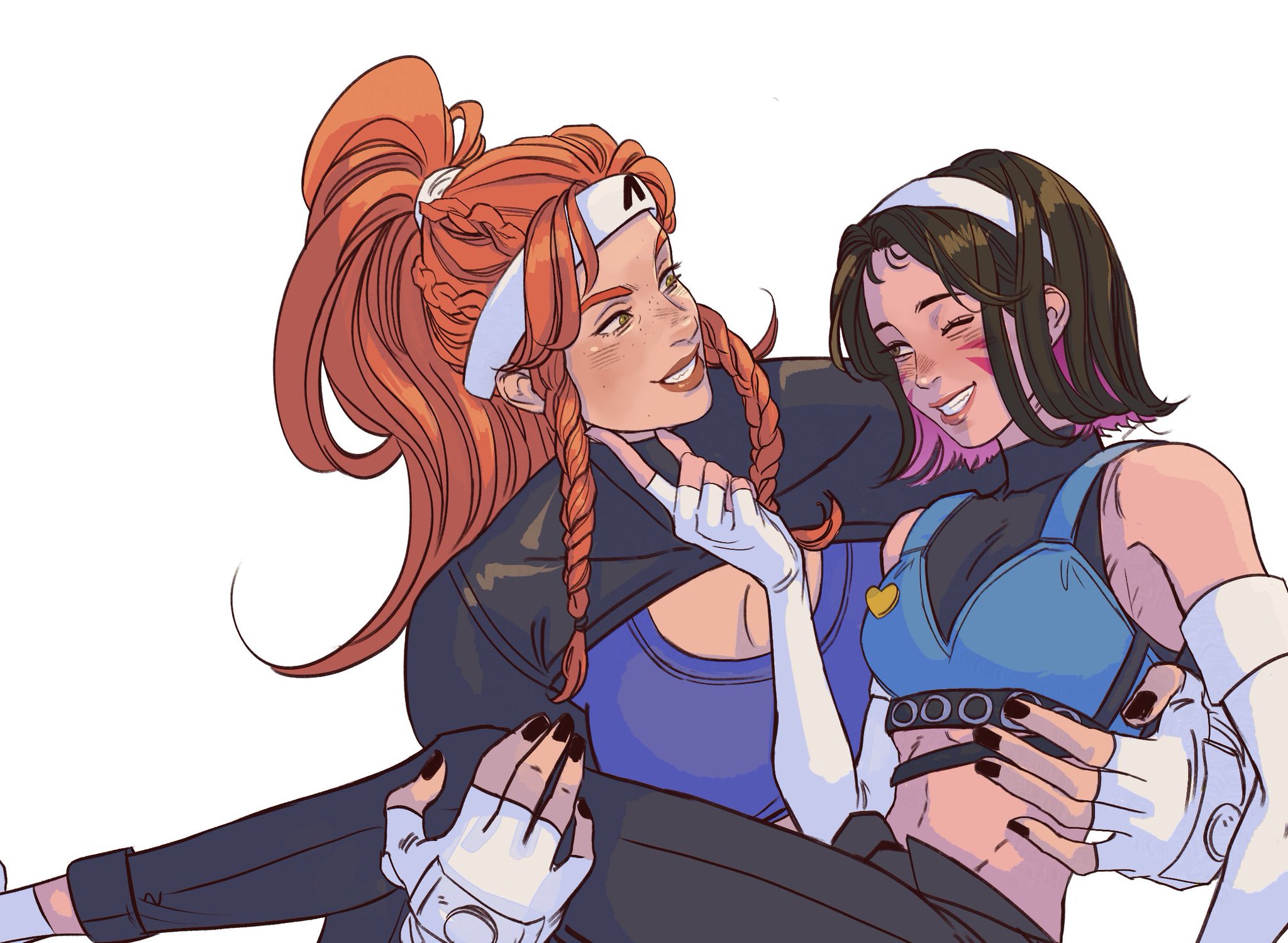 the image depicts fan art of the video game overwatch featuring brigitte lindholm and d.va (hana song). brigitte, with her long red hair in a high ponytail and braids, is on the left, smiling and looking at d.va. she wears a blue undershirt, a black jacket, a white headband, and white gloves with black nail polish. d.va, with her short brunette hair with pink highlights, a white headband, and a blue top, is on the right, also smiling. brigitte is holding d.va in her lap. the style of the image is reminiscent of anime.