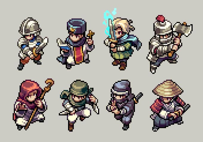 the image shows a collection of eight different pixel art characters in an isometric perspective. the characters appear to be from a medieval or fantasy setting, representing different classes such as a knight, cleric, mage, warrior, rogue, ninja, and samurai. each character is equipped with their respective weapon or item, such as swords, staffs, axes, and daggers. they are designed in a detailed pixelated style.