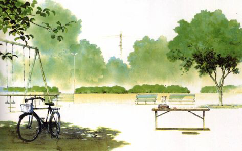 a serene park scene with a lone bicycle parked near a swing set, two benches, and a table in the background. the park is surrounded by lush greenery and a clear blue sky. the scene evokes a feeling of peace and tranquility.