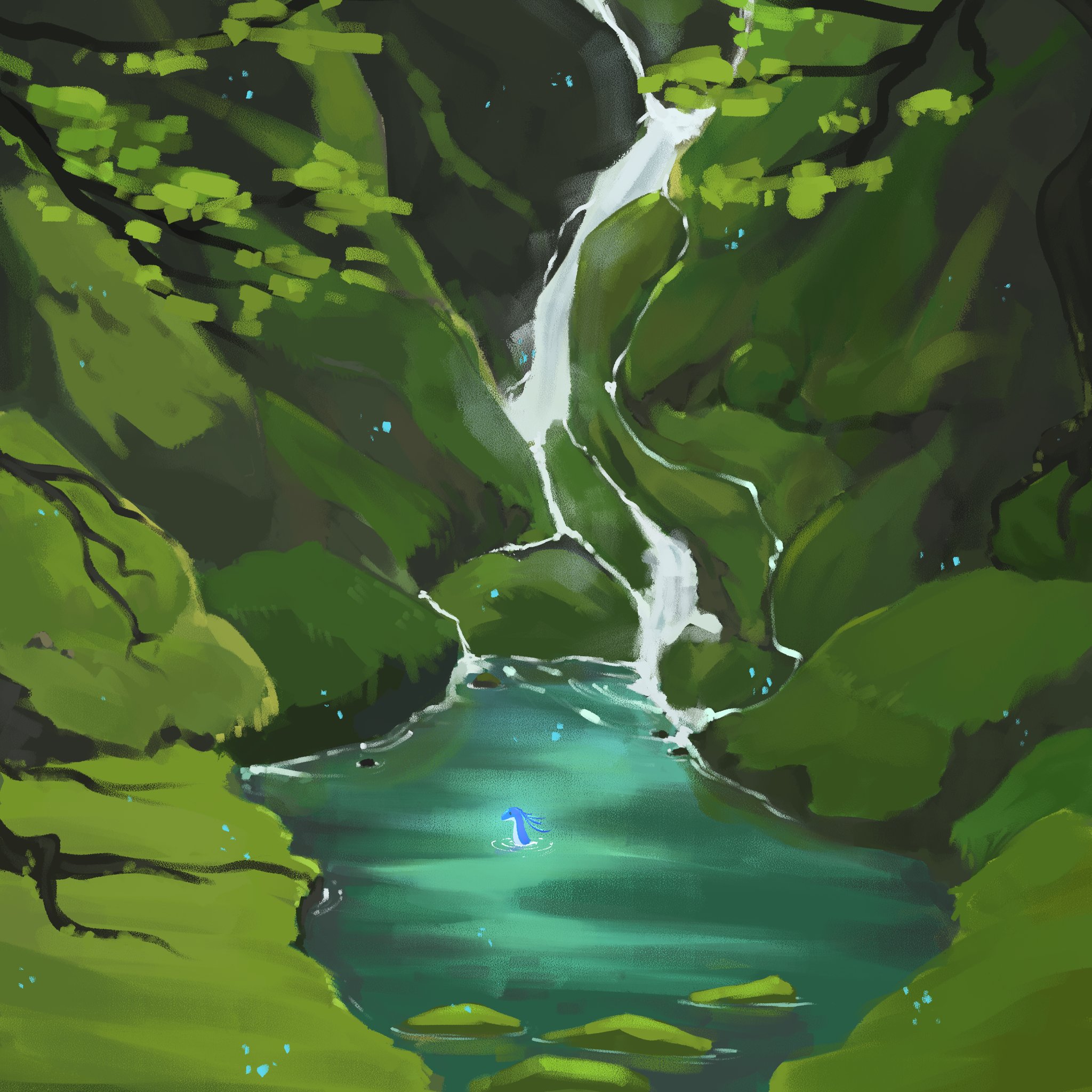 this painting showcases a breathtaking scene of a cascading waterfall flowing into a serene lake nestled amidst lush greenery. the verdant mountains, adorned with moss and rocks, create a sense of tranquility and isolation. the crystalclear water reflects the vibrant blue sky, enhancing the magical ambiance. the scene exudes a sense of wonder and tranquility, inviting viewers to lose themselves in the beauty of nature.