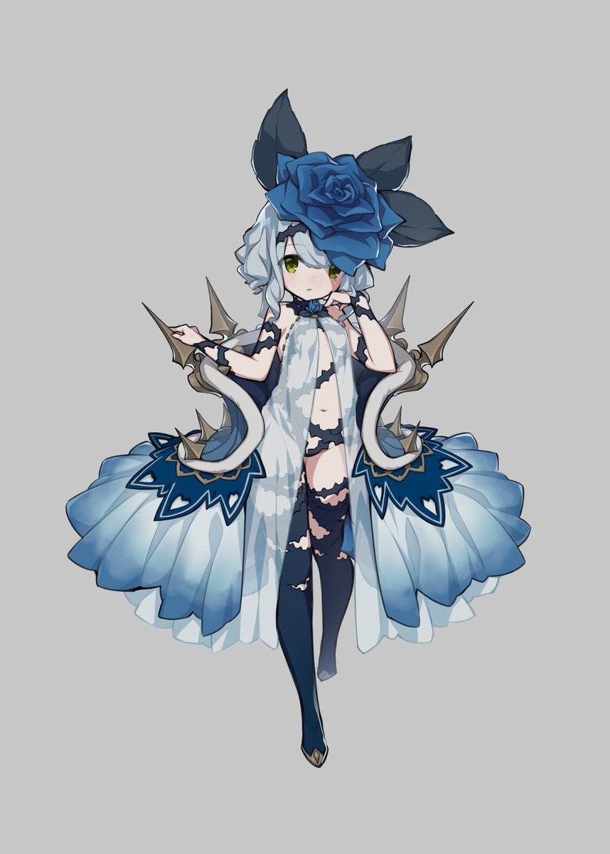 an anime illustration of a beautiful young girl with long, flowing white hair wearing a blue and white dress and a large blue rose on her head. she is looking down at the viewer with a soft and serene expression. she has delicate features, large green eyes, and an elegant demeanor. the artwork is set against a simple gray background, which helps to highlight the vibrant colors of the girl's clothing and accessories. the overall impression of the artwork is one of beauty, grace, and fantasy.