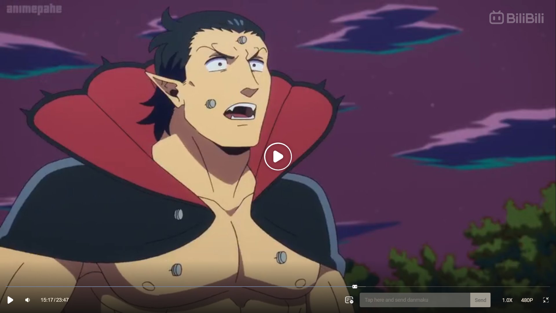 a screenshot of an anime featuring a surprisedlooking, muscular vampire character. the vampire has short black hair, tanned skin, and is shirtless, wearing a black and red cape. he has a surprised expression on his face, with his mouth slightly open. he seems to be outdoors at night, with a dark purple sky in the background. there are japanese subtitles and a video player interface visible at the bottom of the image.