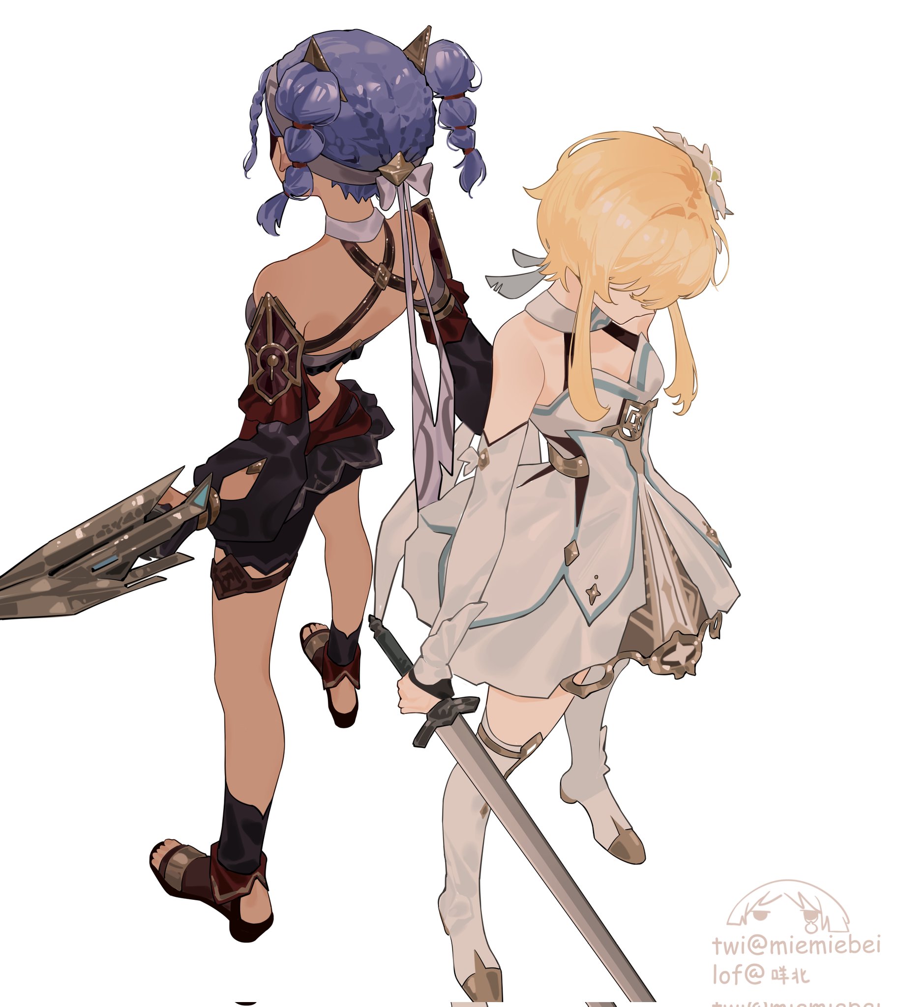 the image is an illustration of two anime characters, a female warrior in blue hair and a white dress, and a blonde female knight in white dress. the warrior holds a sword, and the knight is holding a spear. they are standing back to back in a warrior stance. they have an intense look on their faces, as if they are about to fight. the artwork is done in a digital style and the background is white.
