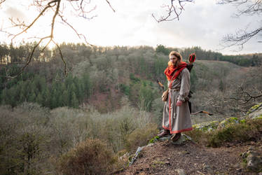a man dressed in medieval archer attire stands on a hill overlooking a vast forest. he is wearing a long grey robe with red accents and carries a bow and quiver. the landscape is beautiful and picturesque, with vibrant colors and dramatic lighting. the overall mood is calm and peaceful, with a sense of majesty and serenity.