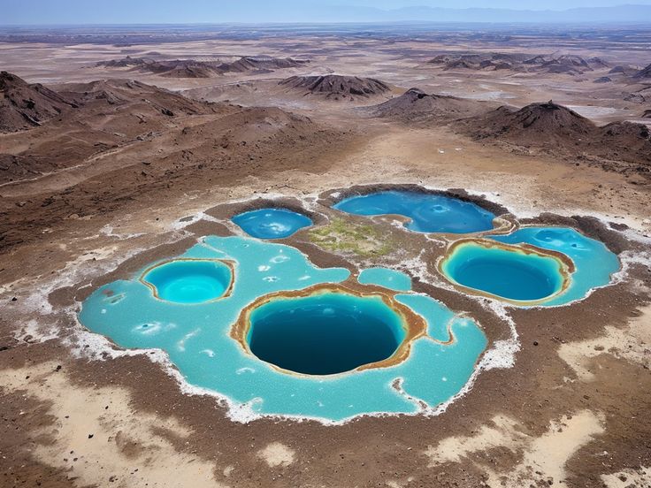 an aerial view of a desert landscape with a cluster of turquoise ponds. the ponds are located in a brown, arid environment with hills and mountains in the background. the water in the ponds varies in color from light turquoise to dark blue. the edges of the ponds are lined with brown earth and white mineral deposits. the overall impression is of a surreal and unique geological formation.
