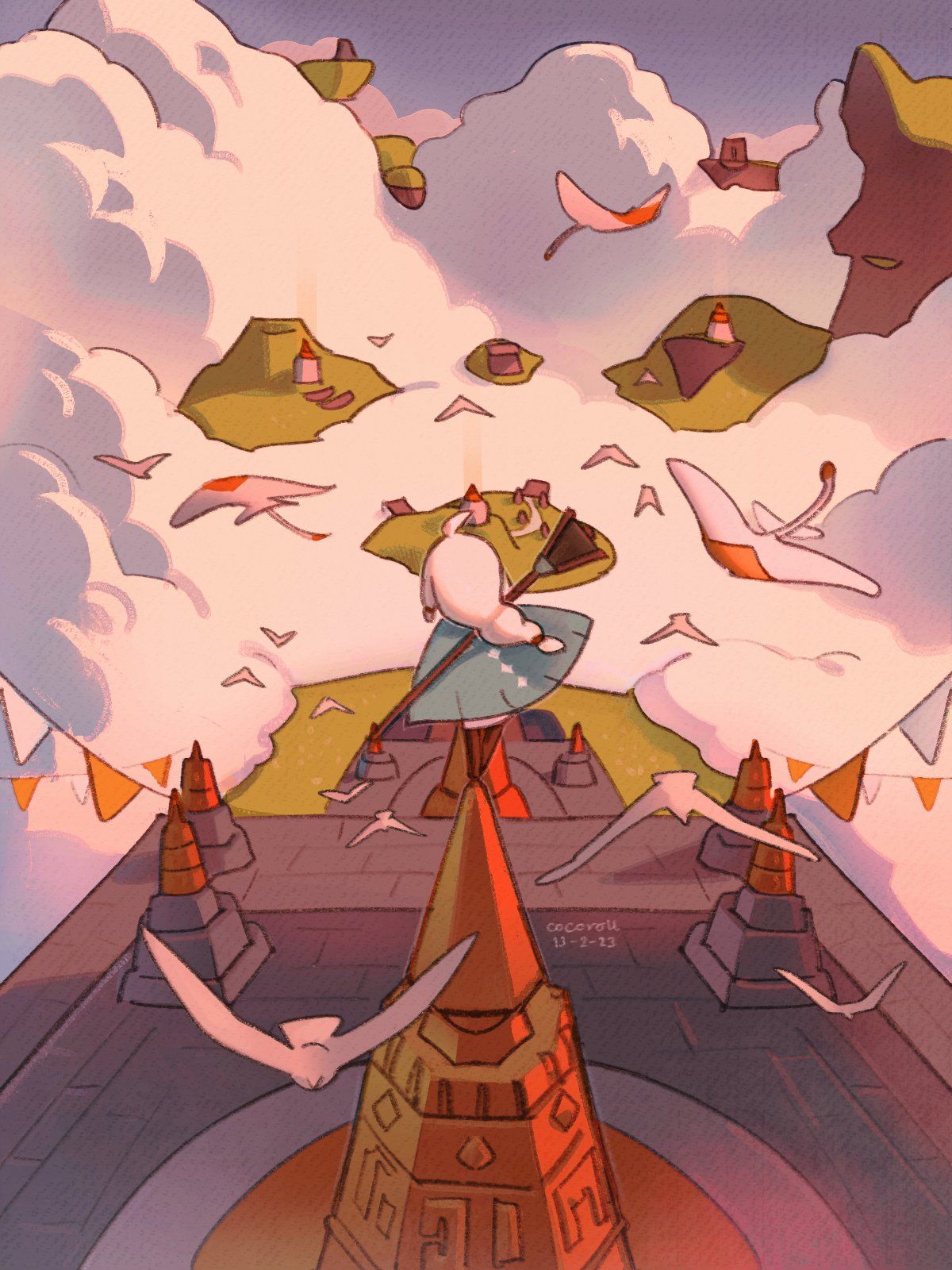 the image is a digital art piece in an anime style, depicting a fantasy landscape. the scene is set in the sky, with various islands floating amidst the clouds. the islands are small and simple, some with small buildings or structures on them. there are numerous birdlike creatures flying around the sky. in the foreground, there is a character standing on a building with several towers and banners with triangles and a pointed top. the artwork is colorful and dreamy, with a whimsical and imaginative feel.