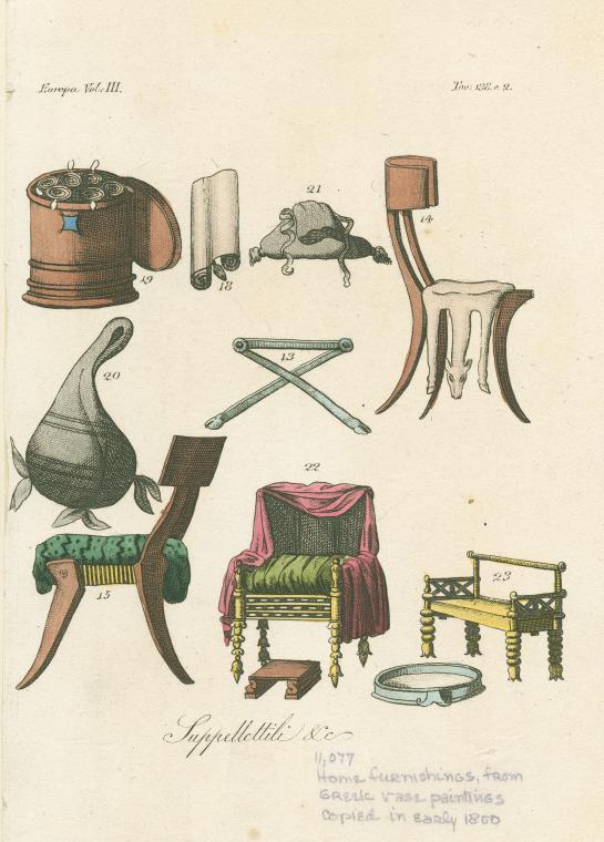 the image shows a variety of home furnishings, including chairs, scrolls, and footstools. the items are depicted in a style that suggests they are from greek vase paintings and copied in the early 1800s. they are numbered from 13 to 23.