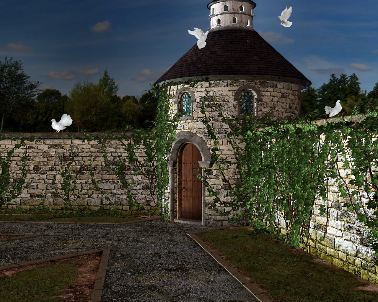 the image shows a stone tower with a wooden door and a wall covered in vines, with doves flying around. a pathway leads up to the door.