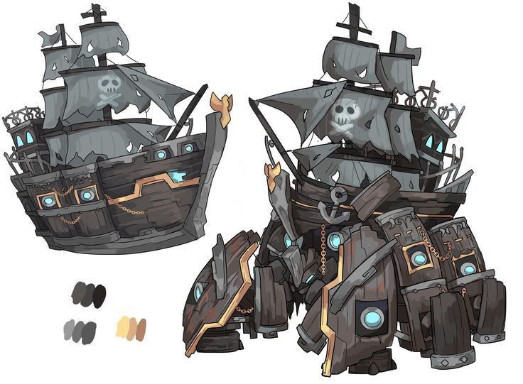 the image presents two versions of a fantastical pirate ship design. the ship on the left is a standard ship with grey sails that has a skull and crossbones design. the ship on the right is a similar ship, but it is mounted on four mechanical legs that appear to be made of wood and metal. both ships have a cartoonish, stylized design with exaggerated proportions and details like glowing blue orbs and golden accents. a color palette is located below the ships.