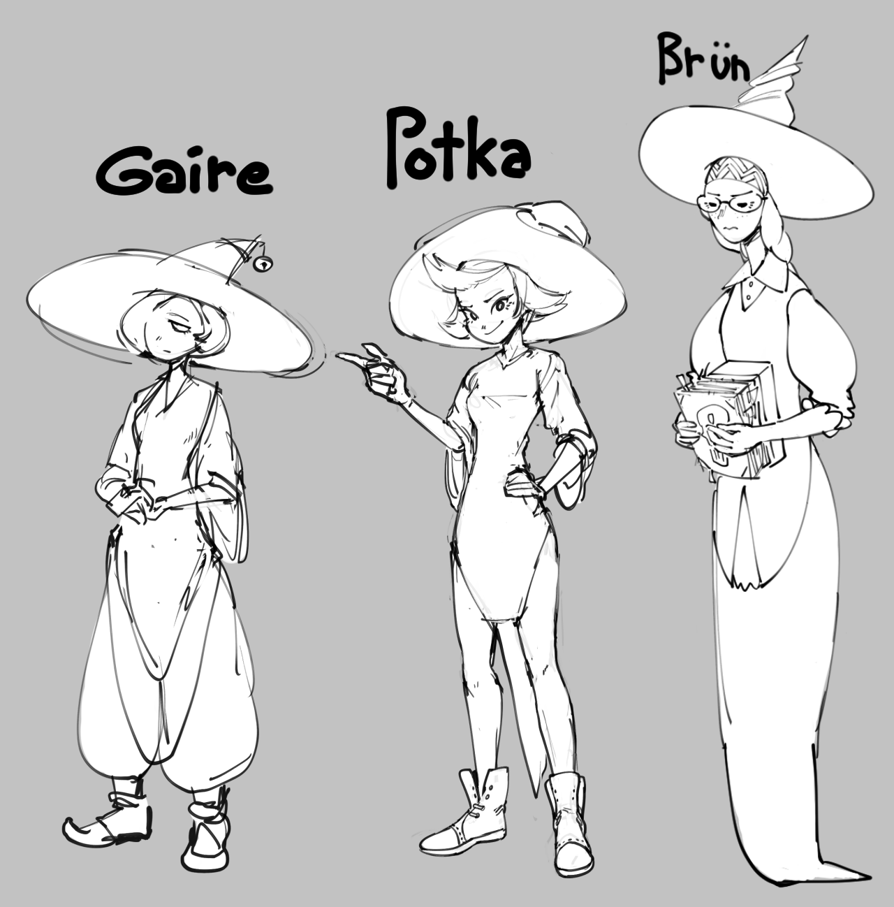a black and white cartoon drawing of three witches. each is labeled with their name.  the one in the middle has her arms out in a casting pose, and the one on the right has a stack of books under her arm.  each has a unique hat and clothing.