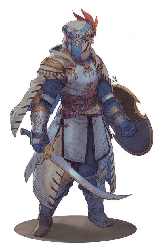 a digital illustration of a warrior clad in ornate armor. they wield a scimitar in their right hand and a shield in their left. their face is covered by a blue and gold helm, and a white cloth drapes from their head and shoulders. the background is a simple, neutral tone, keeping the focus on the character.