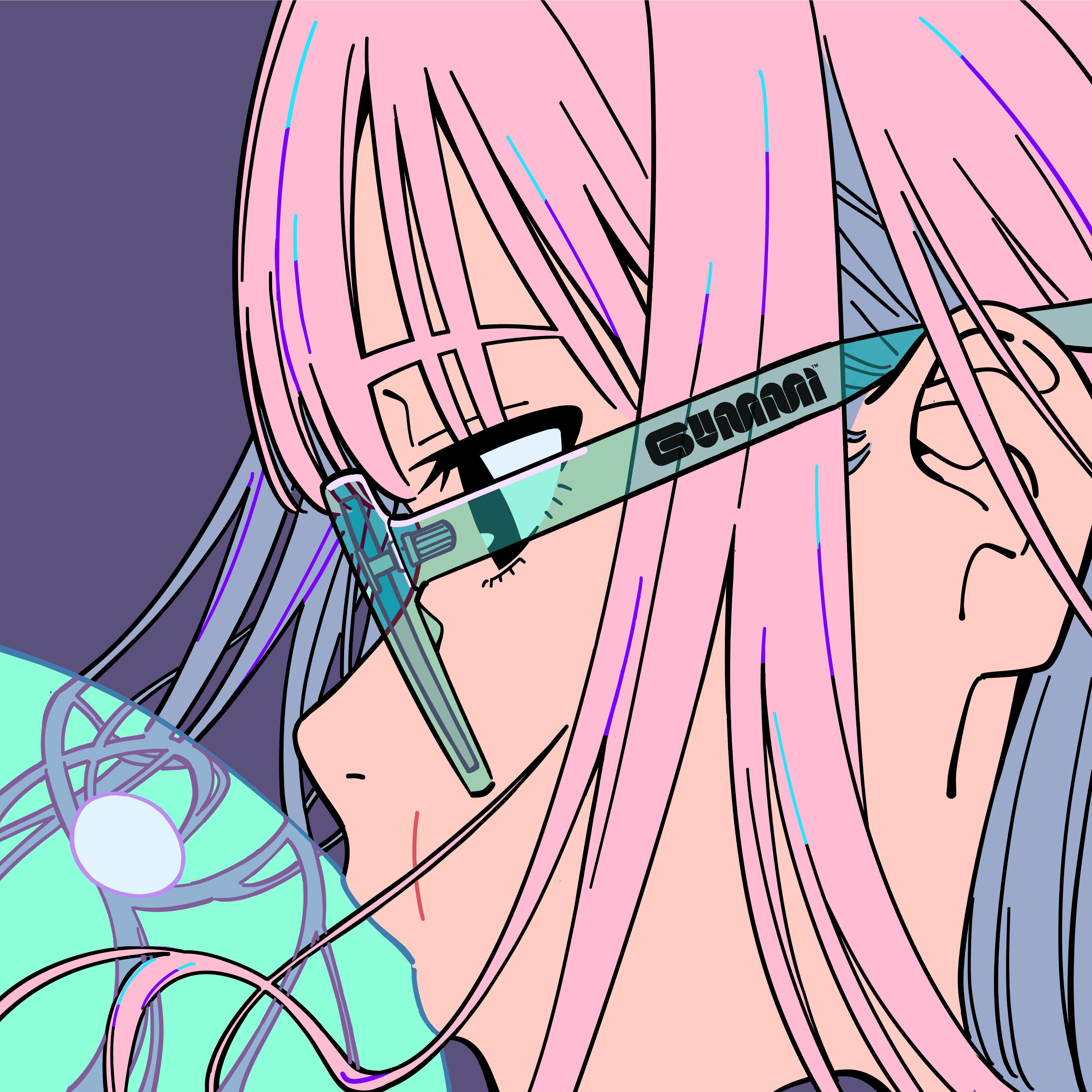 the image is a stylized animestyle portrait of a girl with long, pink hair. she is wearing light teal or aquacolored glasses with the word "gunma" written across the frame.  the art style is bold and graphic, using sharp lines and flat colors in a pastel color scheme. the background features abstract, swirling, light teal shapes. the overall aesthetic is a blend of anime and cyberpunk influences, with a slightly futuristic feel.  the girl's expression is somewhat pensive or melancholic.  the image is very sharp and clean, showcasing a graphic design sensibility.