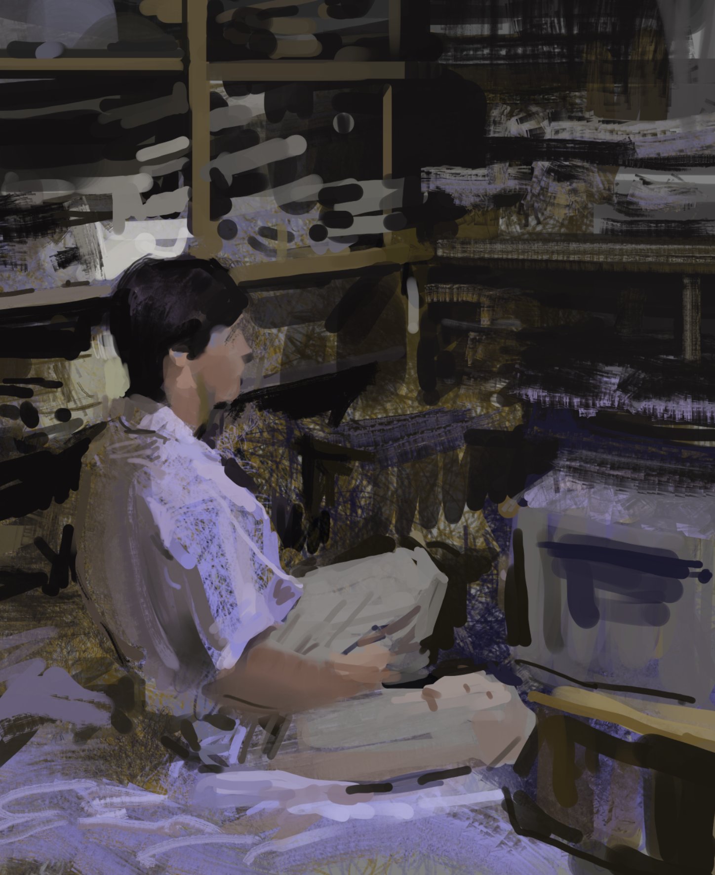 a digital painting of a man sitting in a room with shelves. he is looking away from the viewer. the painting is done in a brushstroke style. the man is dressed casually and sitting on a chair or couch. the painting is abstract and evocative.