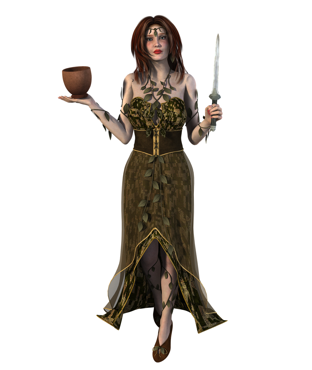 a digitally rendered fantasy image of a woman with red hair wearing a green and brown dress adorned with leaves. she holds a brown bowl in her left hand and a dagger in her right. she wears a leafy headdress. the background is black.