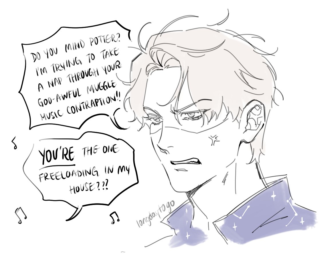 the image is a digital sketch or drawing in an animeinfluenced style. it depicts a character strongly resembling draco malfoy from harry potter, looking annoyed and speaking in speech bubbles.  the speech bubbles reveal a conversation expressing irritation at being disturbed while trying to nap. he accuses harry potter ("potter") of playing loud, unpleasant music ("muggle music contraption") and of freeloading in his house. the art style is loose and expressive, with some shading and light color added to the character's clothing.  constellationlike designs are subtly visible on his clothing. the overall impression is a lighthearted, humorous depiction of a conflict between the two characters.