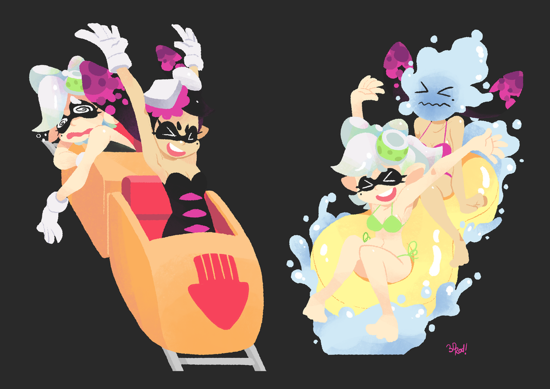 this illustration features a pair of animestyle squid girls. the girls are dressed in colorful clothing and have a squidlike appearance. the girl on the left is on a roller coaster, while the girl on the right is on a water slide. both girls appear to be having a fun and exciting time. the illustration is drawn in a vibrant and colorful style.