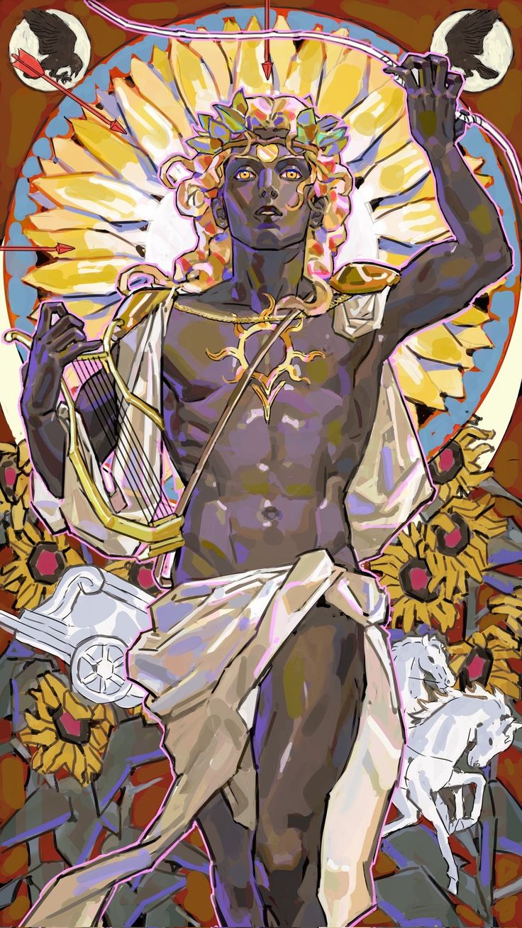 he image is a stylized depiction of apollo, the greek god of the sun, music, and light. he is portrayed as a darkskinned, muscular young man with blondish curly hair, wearing a golden crown and a flowing white garment. he holds a lyre in one hand and appears to be aiming an arrow with the other.  the background features a radiant sun design with sunflowers and a chariot pulled by white horses. the style is reminiscent of art nouveau, incorporating vibrant colors and ornate details. the overall mood is one of power, beauty, and divinity.