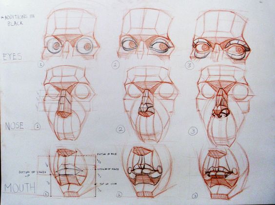the image is a drawing of a human face, broken down into basic shapes. there are three sets of drawings, one set showing the eyes, one set showing the nose, and one set showing the mouth. each drawing represents a step in the construction of the face. each set of drawings shows the outline of the feature, and then the next step in the drawing of that feature, so you can see how the artist builds up a drawing of the face. this type of image is useful for people learning how to draw faces.