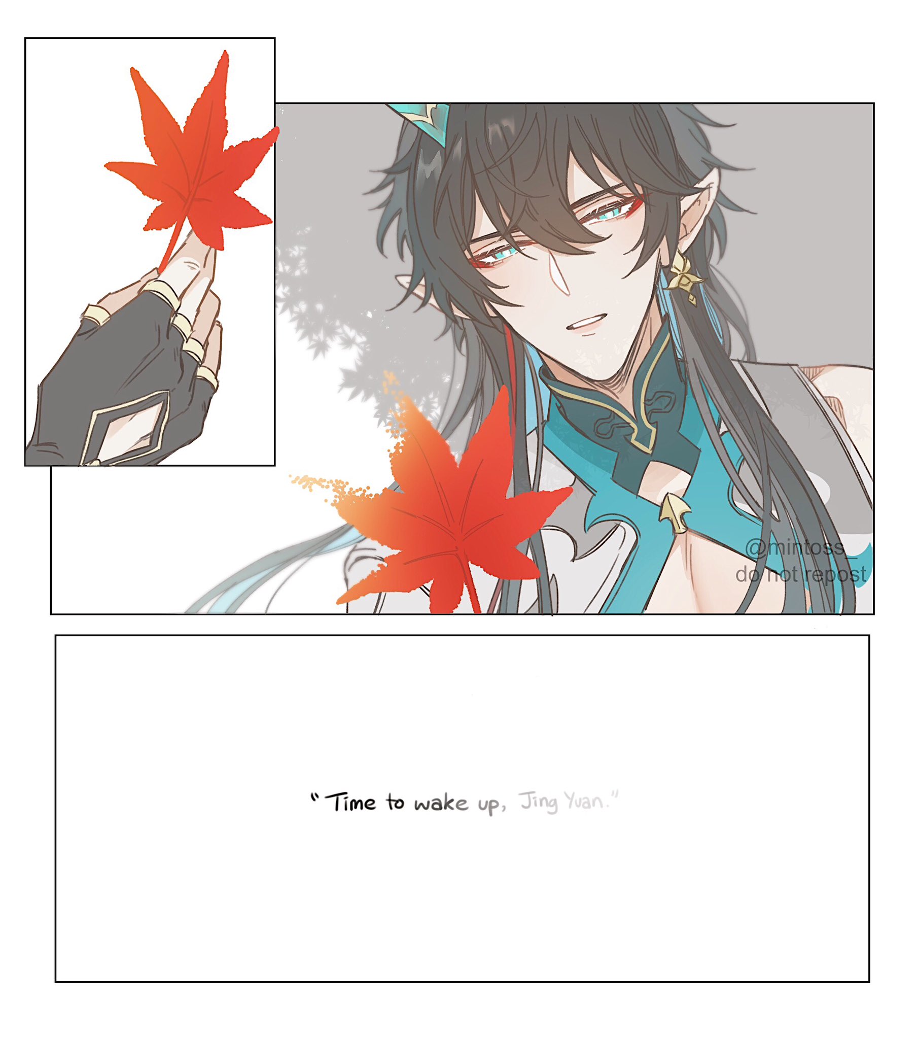 the image shows a beautiful and handsome anime boy with long black hair and blue eyes. he is wearing a white outfit with blue and pink accents. he is holding a red maple leaf, and his eyes are closed. the background is a blurred image of a forest with falling leaves. the text above him says "time to wake up, jing yuan." this image is a beautiful example of anime art, and it is full of emotion. the boy's gentle and caring expression suggests that he is trying to wake someone up, and the soft colors and delicate details create a sense of peace and tranquility. the overall effect is one of love, tenderness, and kindness.