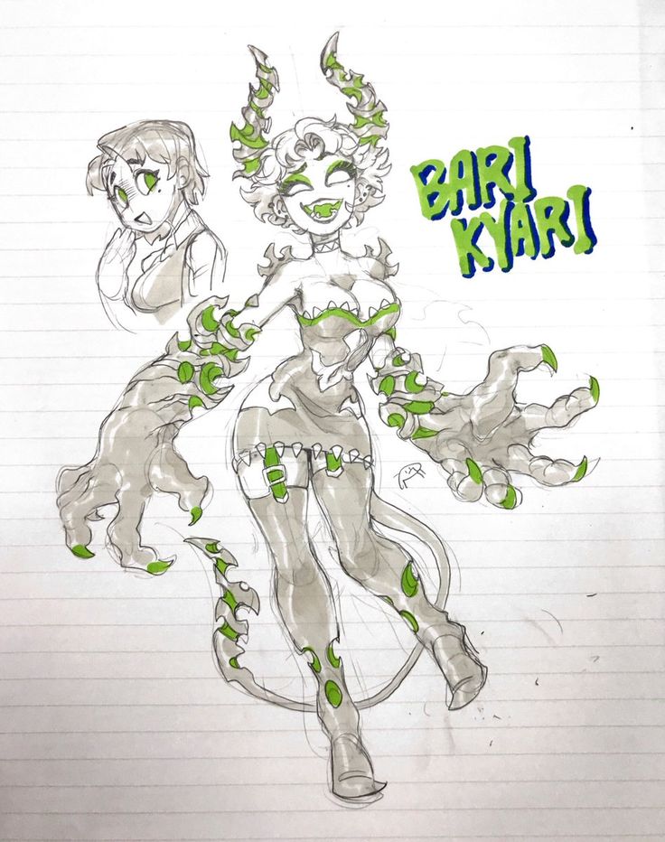 a sketch of an animestyle female character with green horns, claws, and a tail. the character is wearing a short dress with green accents. she is drawn in a cartoonish style with exaggerated features. the sketch is done on a lined paper notebook.  the character is labeled "bari kyar" in the top right corner of the image.