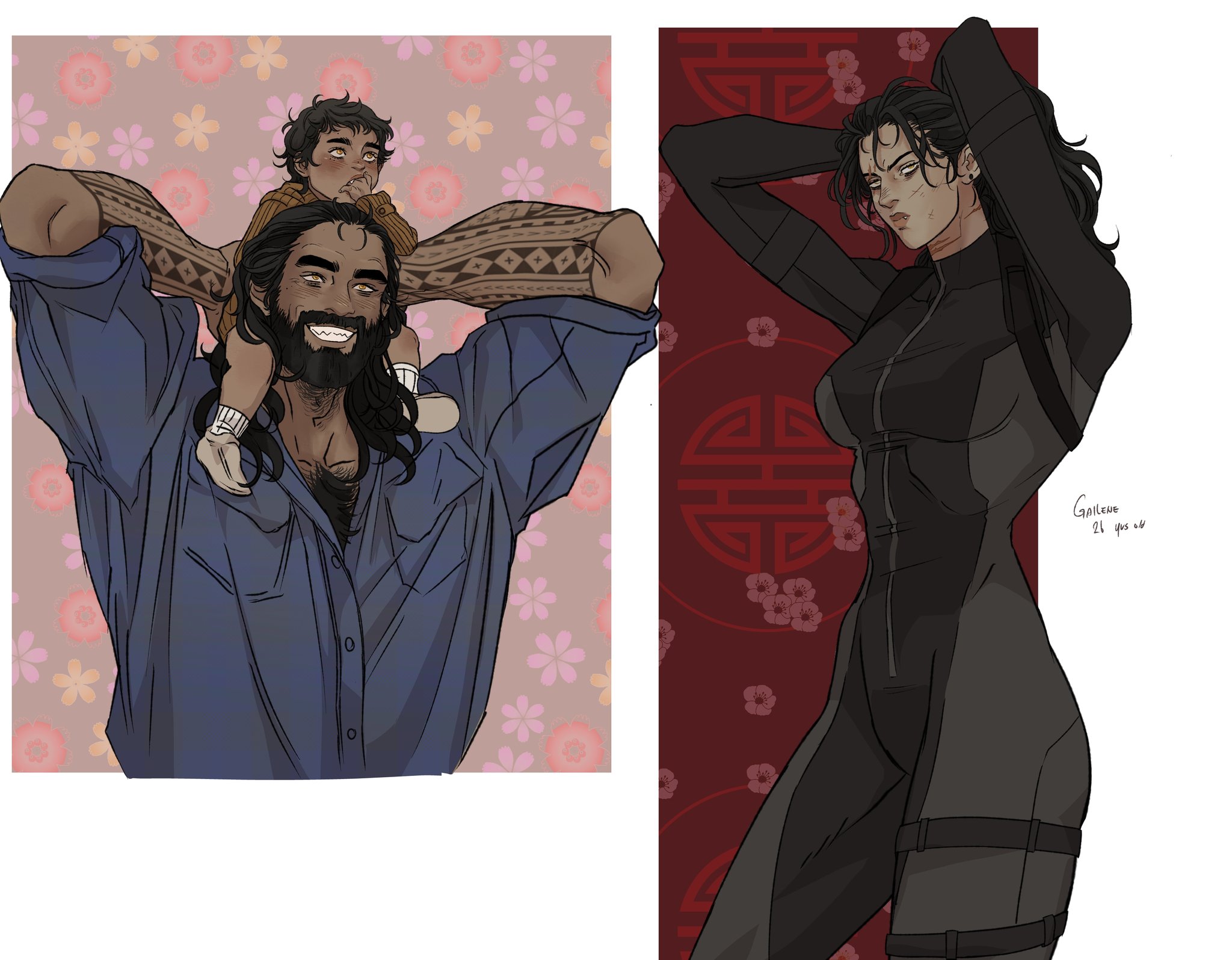 the image is a digital illustration featuring two separate scenes. on the left, a smiling man with dark skin, black hair, and a beard is giving a child a shoulder ride. the man is wearing an open blue shirt. the child has dark curly hair and is wearing a patterned top and socks. the background has a light pink floral pattern. on the right, a woman with dark hair and a serious expression is wearing a fitted black jumpsuit. she has her arms up, adjusting her hair. the background is red with a geometric floral pattern.