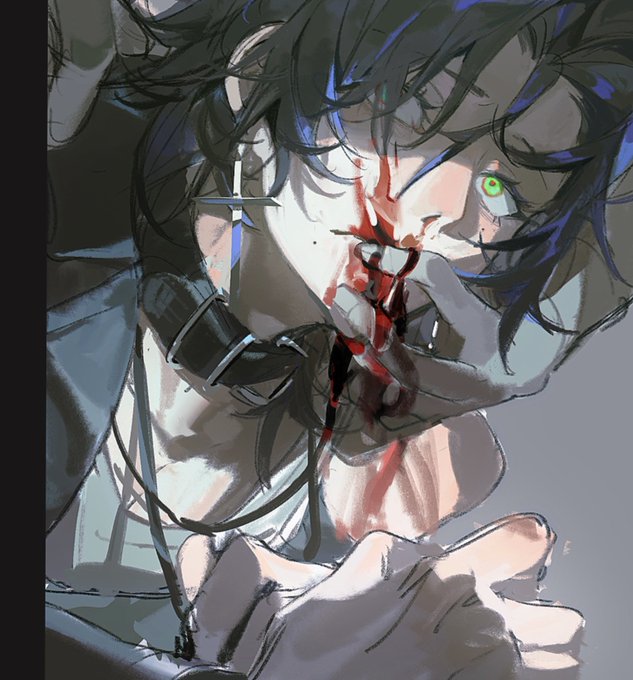 this is a digital illustration of an anime/manga style male character. he has dark blue hair, sharp eyes, and a pained expression on his face. his mouth is slightly open, and he is holding his hands to his face. his fingers are stained with blood. the character appears to be injured, and there is a lot of blood present. the overall mood of the image is dark and edgy, with a hint of sadness and suffering.