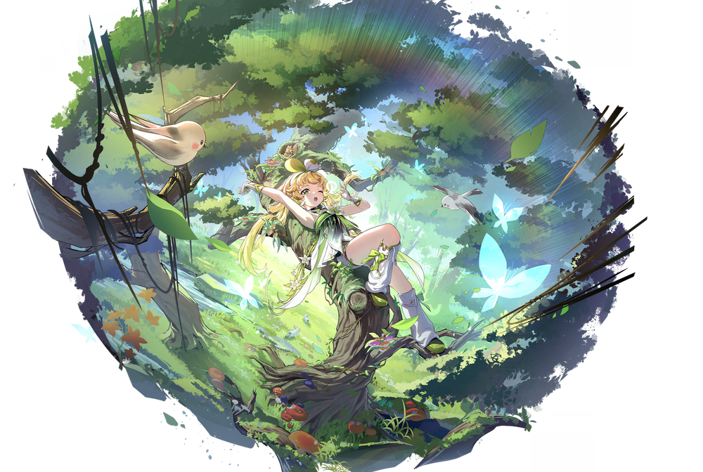 the illustration features genshin impact character collei in a dynamic pose.  she's hanging upside down from a tree branch, flashing a cheerful grin. her vibrant green attire blends seamlessly with the lush forest surrounding her, which is teeming with life. the warm sunlight filtering through the leaves creates a bright and inviting atmosphere. the use of perspective, with the viewer looking up towards collei, emphasizes her playful energy and the grandeur of the forest setting.  overall, it's a captivating piece that embodies the spirit of adventure and harmony with nature.