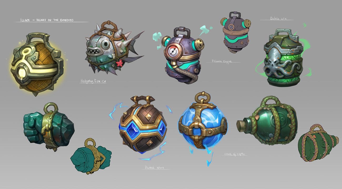 this image shows illaoi's abilities and items. the abilities are:1.  heart of the goddess2.  hedgehog fish oil3.  pillence engine 4.  ture of depths5.  hestest sphore6.  bahru urn