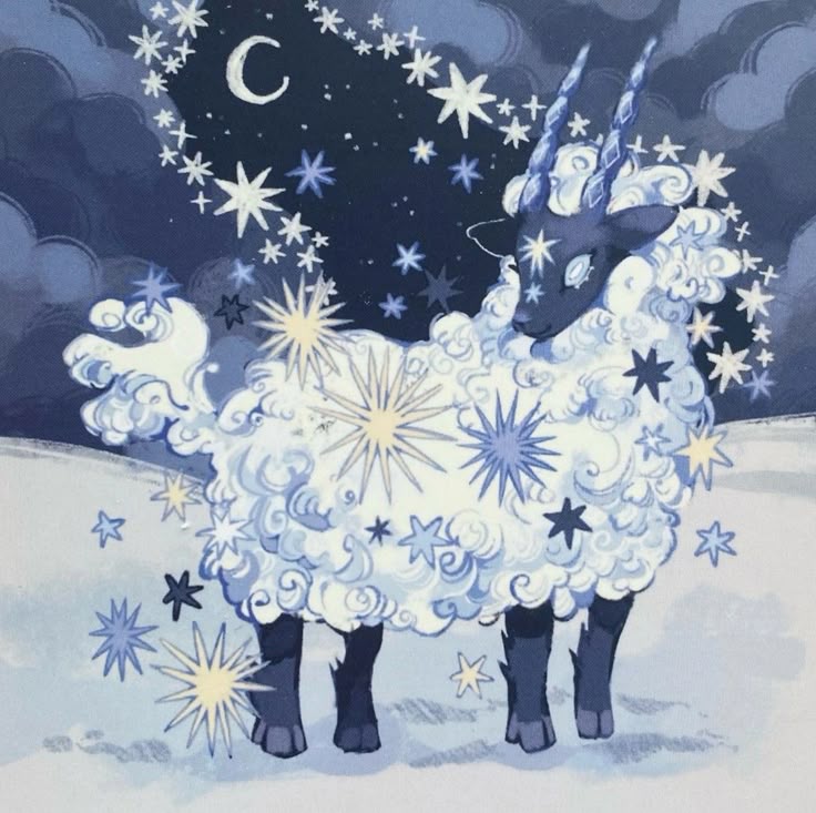 the image is an illustration of a fantastical star sheep standing in a snowy landscape under a night sky filled with stars, a crescent moon, and clouds. the sheep has dark blue legs and head, and its wool is depicted as fluffy white and blue clouds adorned with various star shapes. stars are scattered around the sheep, both on its wool and in the surrounding snow. the night sky above is dark blue, with a trail of stars leading from the upper left corner toward the sheep, and a crescent moon is visible in the upper left. the overall style is dreamy and whimsical.