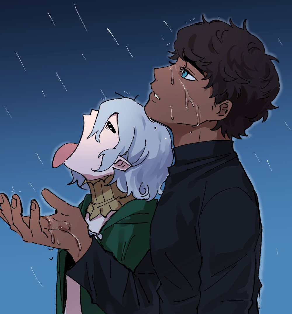 he image shows an animestyle illustration of a young man and woman standing close together in the rain. the man has dark brown hair and skin, and is wearing a darkcolored shirt. the woman has light gray hair and is wearing a green hooded cloak.  they appear to be embracing, with the woman's head resting on the man's shoulder and the man's arm around her. the rain is falling heavily around them, and water is visible on their skin and clothing. their expressions are soft and seem to reflect a shared moment of intimacy or affection. the overall tone of the illustration is romantic and melancholic.