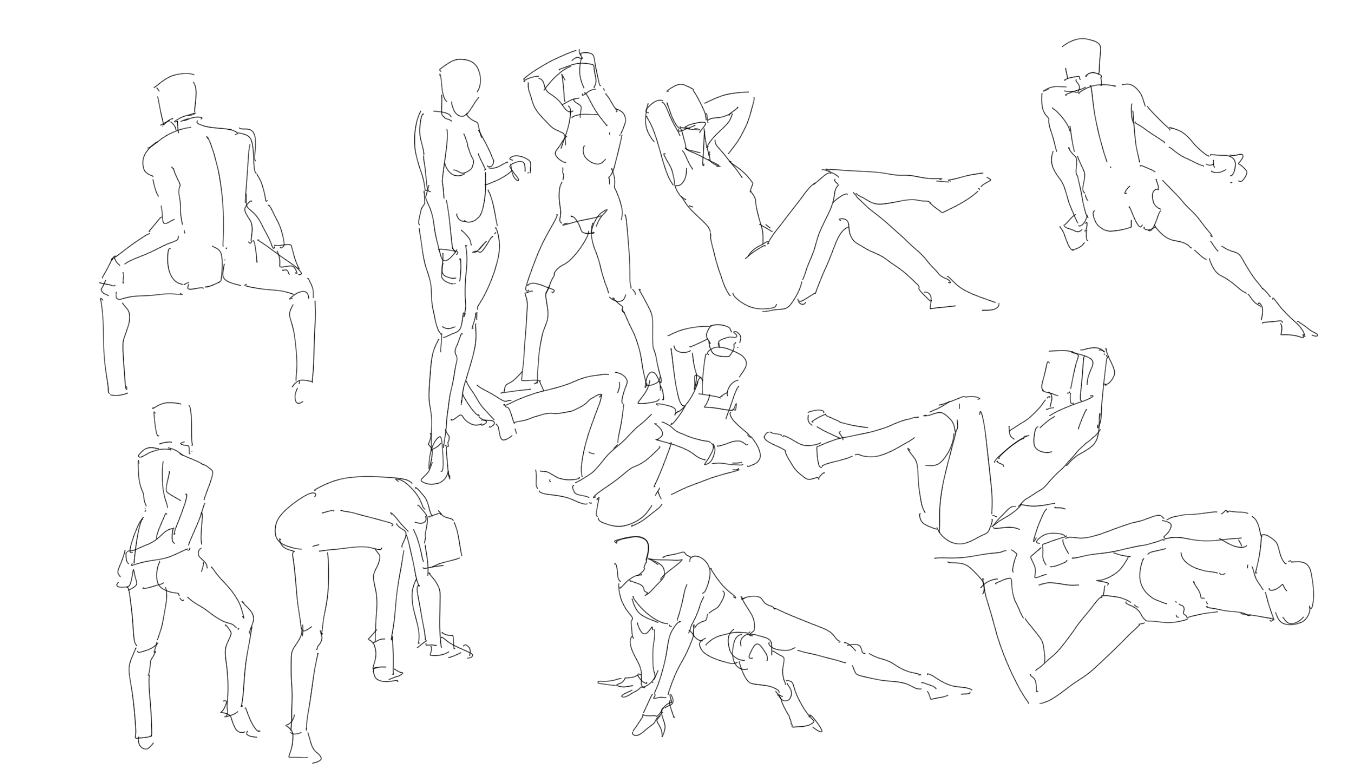 the image consists of a series of quick figure drawings, likely done from life or reference photos. they depict the human form in various poses, focusing on capturing gesture and movement rather than precise detail. these types of drawings are often used as warmup exercises or studies for artists.