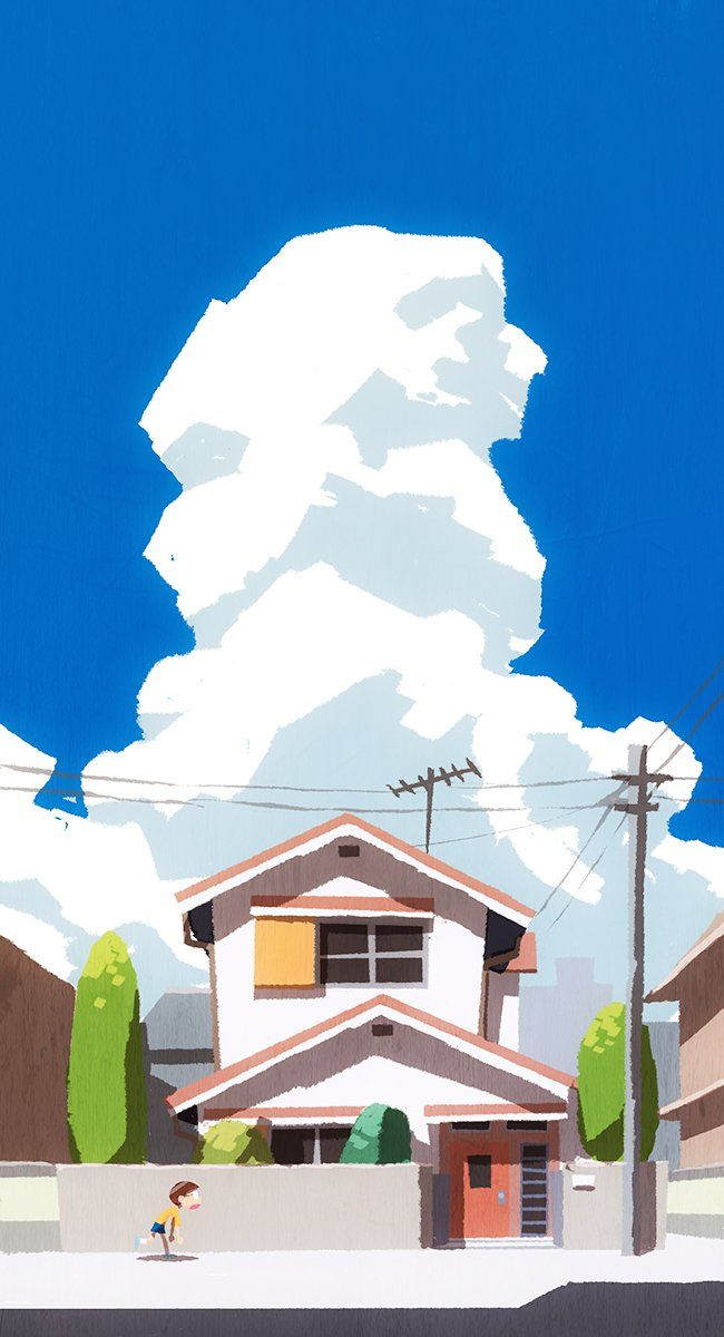 a stylized digital painting depicting a twostory house under a bright blue sky with large, fluffy white clouds. the house has a white exterior with a reddishbrown roof and trim. there's a fence in front of the house, and a small child is standing near it. green trees and a utility pole with power lines are visible to the side. the background shows other buildings, suggesting a suburban or residential neighborhood setting.