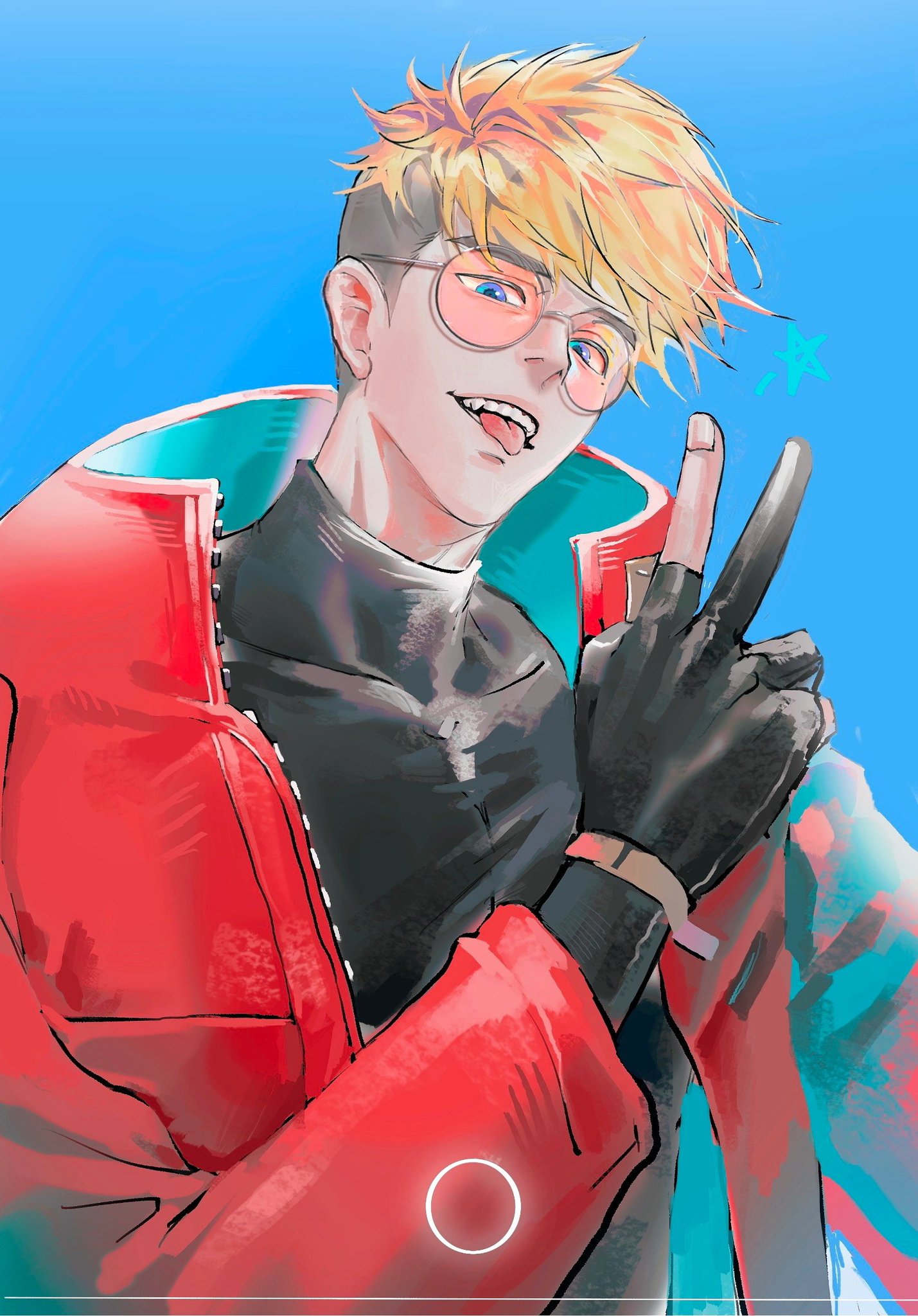 an anime boy with blonde hair, red jacket, black gloves and glasses. he is looking off to the side with a smirk on his face and his tongue sticking out.