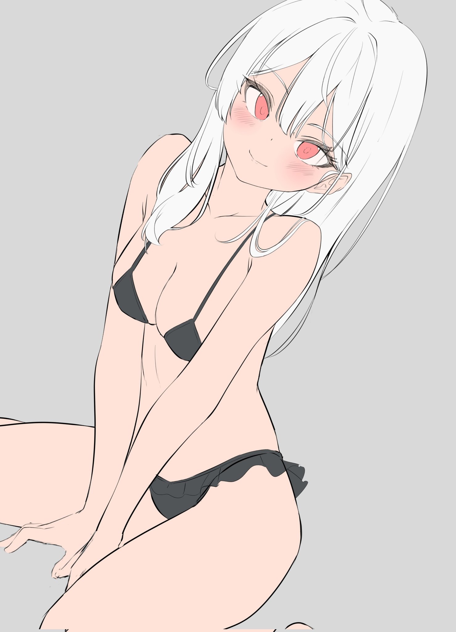 an anime girl with white hair and red eyes is sitting in a black bikini. she has a slight blush and a small smile.