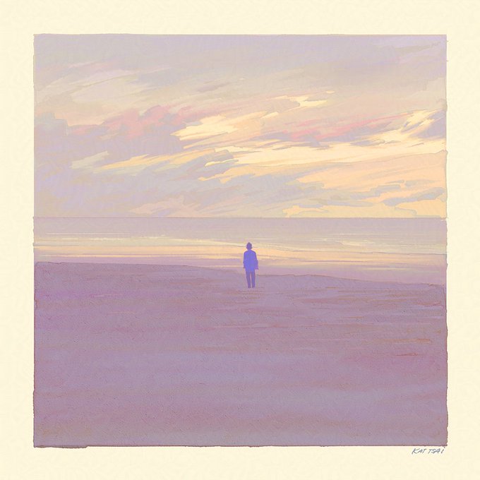 a lone figure stands on a beach, their back to the viewer as they look out at a serene sunset over a vast ocean. the scene is painted in soft, pastel hues, creating an atmosphere of tranquility and contemplation.