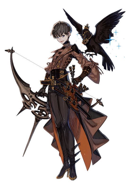 the image showcases a digital illustration of a young male character, likely designed for a fantasy setting. he is outfitted as an archer, wielding a large, intricately designed bow and a quiver full of arrows. his attire is elaborate, with a blend of brown, black, and gold accents. a black crow with a golden crown perched on its head accompanies him, suggesting a close bond or magical connection. the artwork is set against a clean white background, placing the focus entirely on the character and his companion.