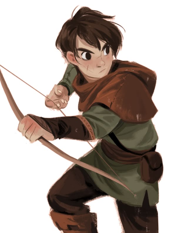 the image is a cartoonstyle illustration of a young boy, dressed as an archer in a medieval setting. he is drawing a bow and arrow, with a determined expression on his face. he has brown hair, a green tunic, a brown hooded cloak, leather boots, and a pouch on his belt. there are scars on his face. the style evokes robin hoodlike characters.