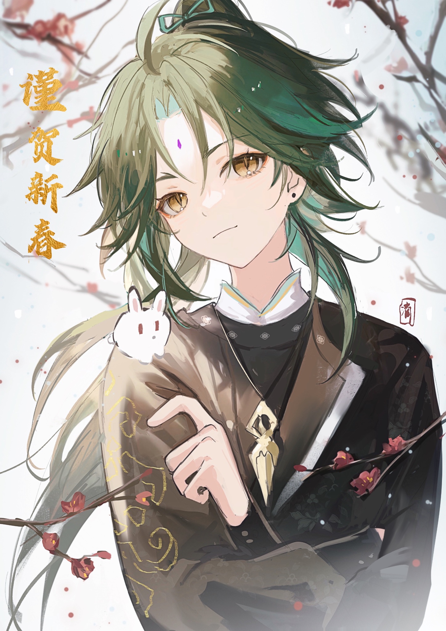 this anime drawing is of a young woman with long green hair. she has a white rabbit on her shoulder. she is wearing a traditional chinese style clothing with a gold design. the background is white with falling snow and pink cherry blossoms.
